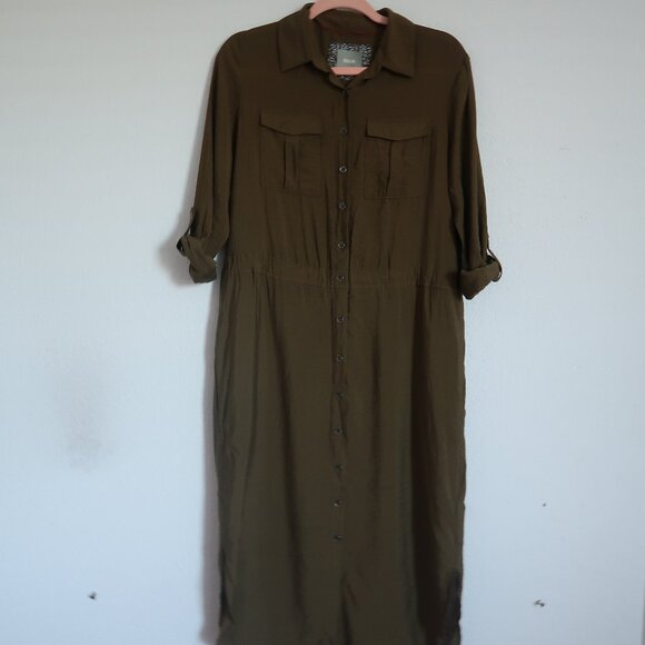 Anthropologie Maeve Olive Army Green Midi Drawstring Shirt Dress Size 4 Small - Picture 2 of 14